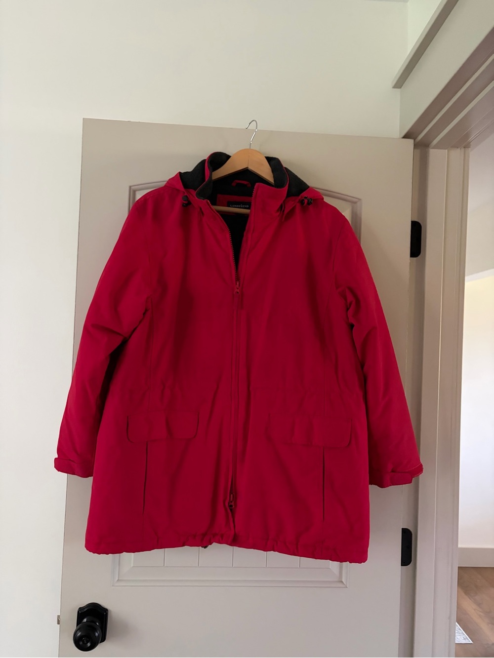 Lands’ End Vintage Squall Parka Jacket Red Polartec Fleece Lined Petite Large